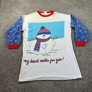 VINTAGE 80s Bold Spirit Pajama Shirt Womens OS Snowman Christmas 1989 FLAW